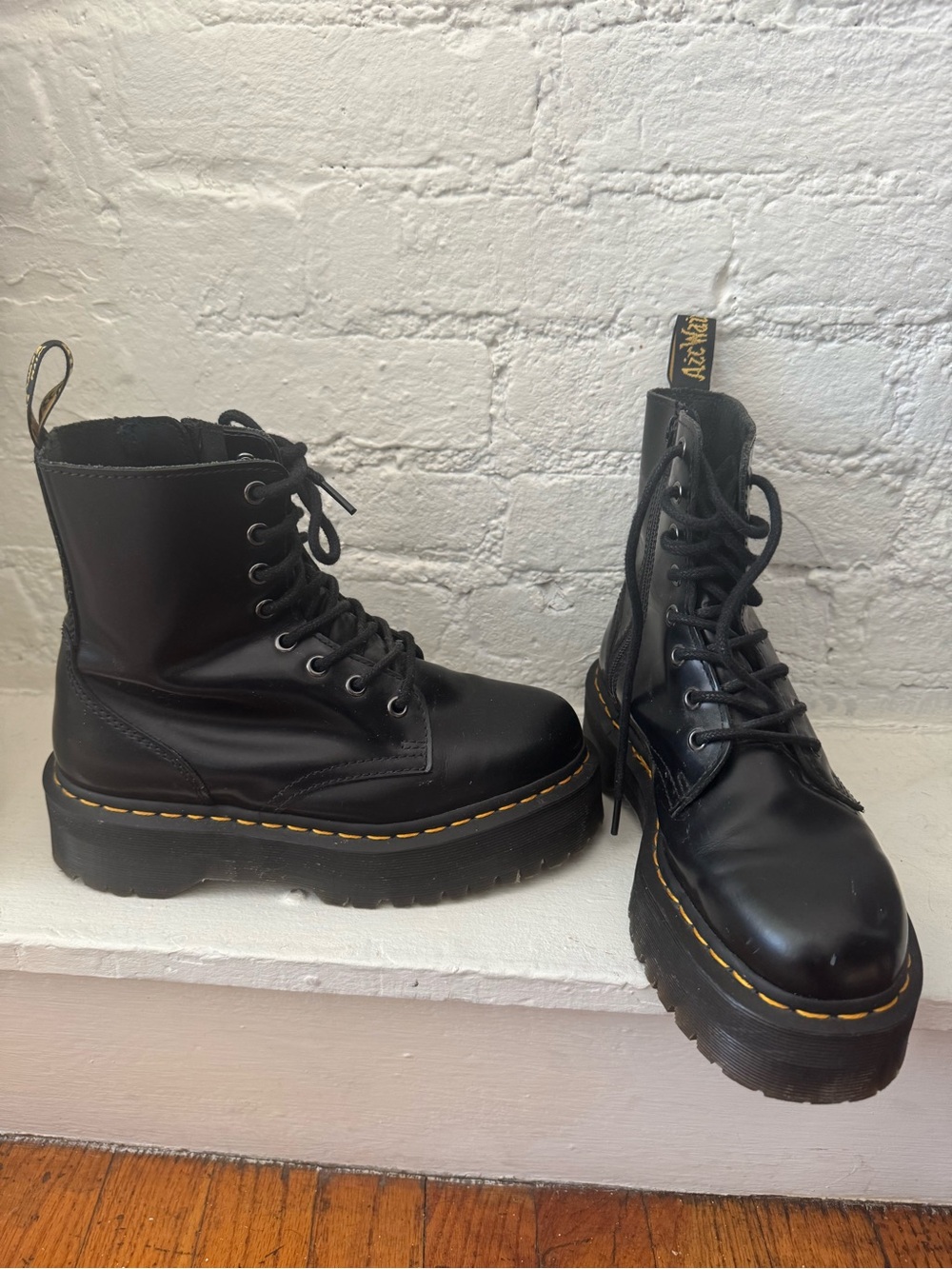 Dr. Martens Black Leather Platform Combat Boots with Yellow Stitching - Picture 2 of 8